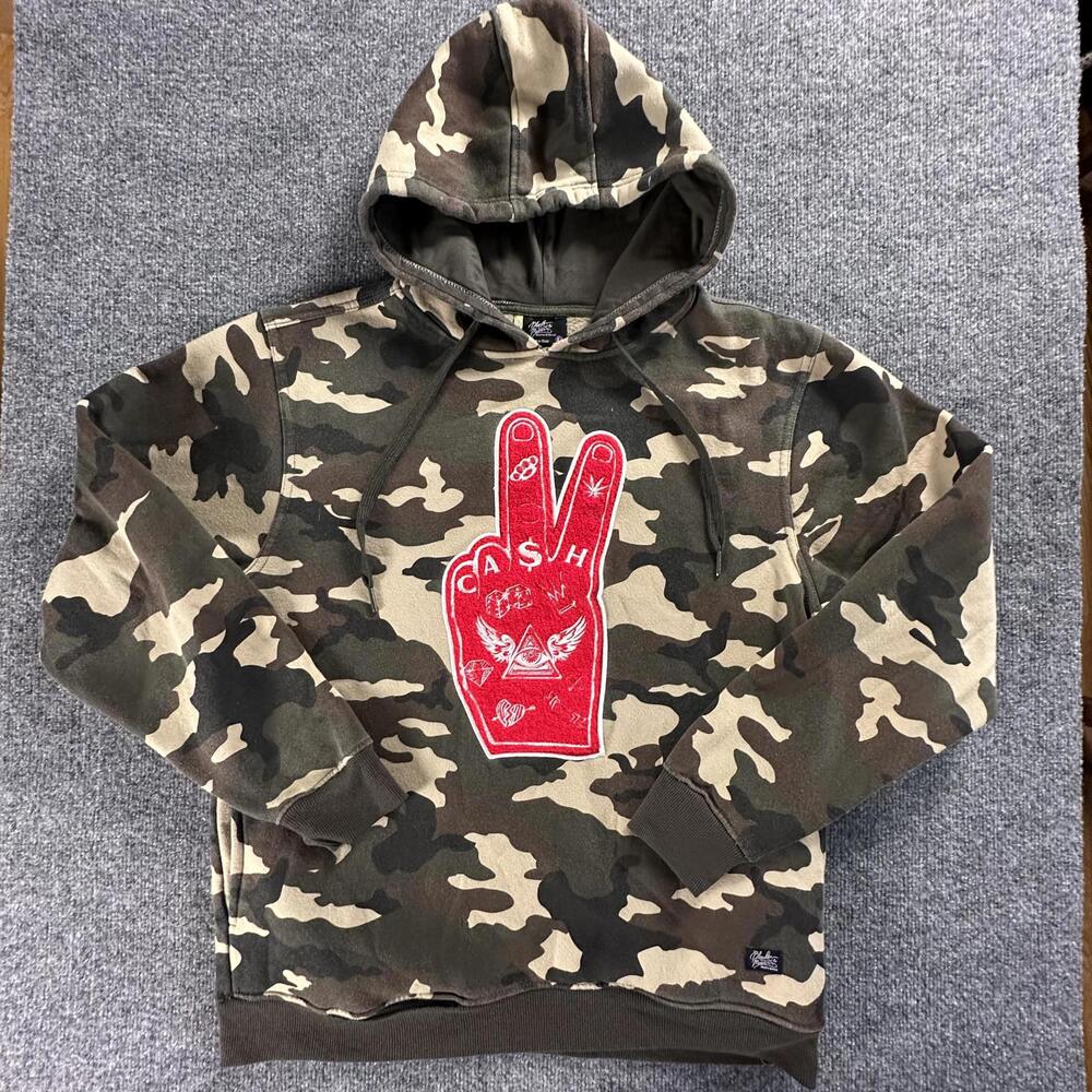 Bleecker & Mercer Mens Camouflage Hoodie Red Peace Sign Cash Patch Large